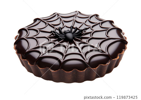 Chocolate tart with glossy spider web design and spider decoration isolated on white transparent background. Concept of Halloween dessert 119873425