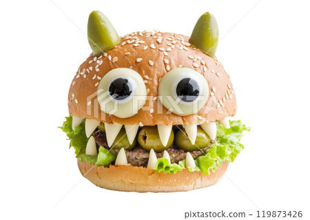 A creative burger designed to look like a monster face, with olives for eyes and cheese for teeth isolated on white background. Fun food concept for Halloween 119873426