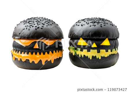 Halloween-themed burgers with carved pumpkin tops, displaying various faces isolated on a white transparent background. Halloween food concept 119873427