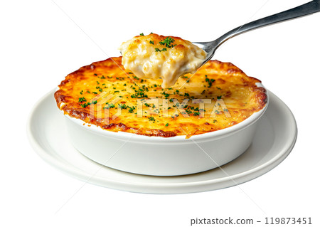 Sweet potato casserole with a crunchy pecan topping in white ceramic dish isolated on white transparent background. Concept of homemade comfort food Thanksgiving Day side dishes 119873451