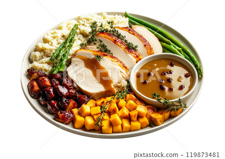 Plate of Thanksgiving dinner featuring turkey slices, roasted potatoes, cranberry sauce, mashed potatoes, and asparagus isolated on white transparent background. Concept of festive meal 119873481
