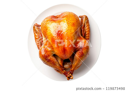 Whole roasted turkey or chicken isolated on white transparent background. Concept of food for Thanksgiving Day 119873498