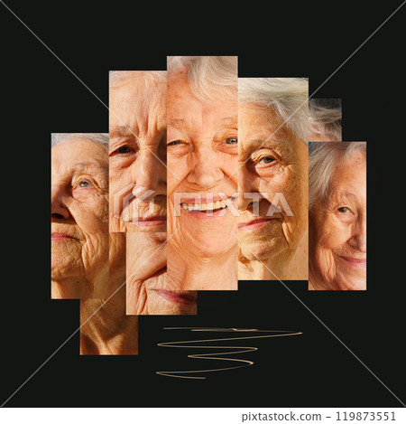 Smiling old woman. Happy senior woman. Retired and contemplative lady at home - collage from fragments of face 119873551