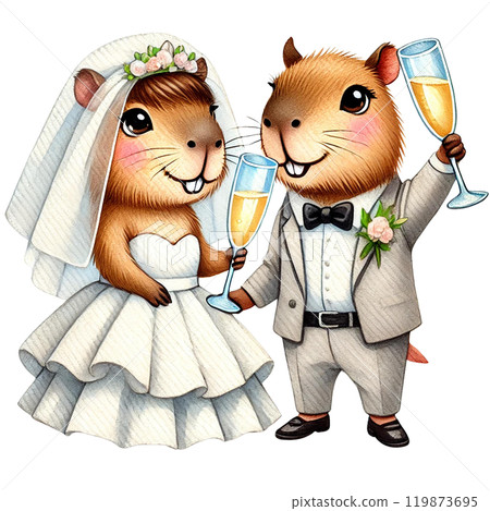 Cute Capybara wedding couple celebrating with champagne. 119873695