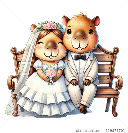 Cute cartoon couple of capybaras in wedding attire 119873701