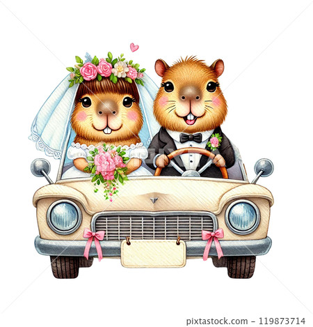 Wedding Capybara driving vintage car 119873714