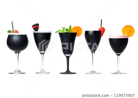 Stylish black cocktails isolated on a white background. Concept of elegant and unique  Halloween beverages. 119873907