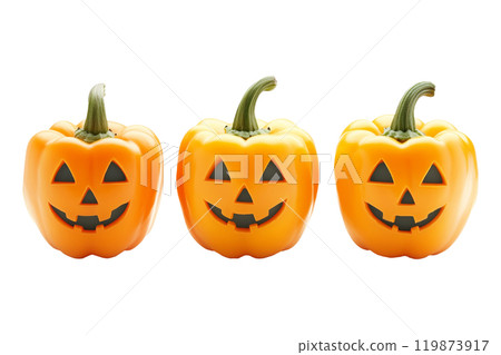 Orange bell peppers carved with jack-o'-lantern faces isolated on a white background, depicting a Halloween theme with a playful twist 119873917