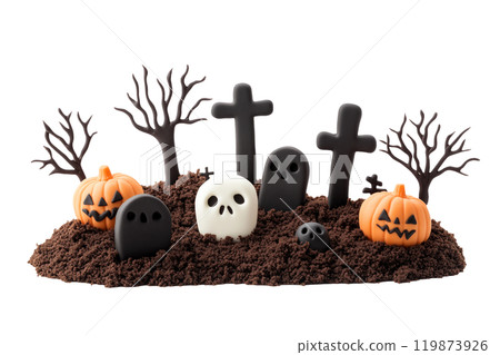 Chocolate Halloween graveyard with skulls, pumpkins and tombstones isolated on white background. Concept of Halloween themed desserts and treats 119873926