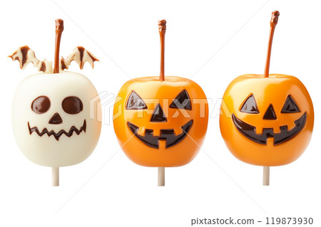 Halloween themed candy apples with jack-o'-lantern faces isolated on a white background. Concept of Halloween treats. 119873930