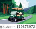 Golf cart driving on a scenic road through lush green forests. 119873972