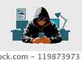 Hacker in a hoodie using smartphone and working on computer in a dark environment. 119873973
