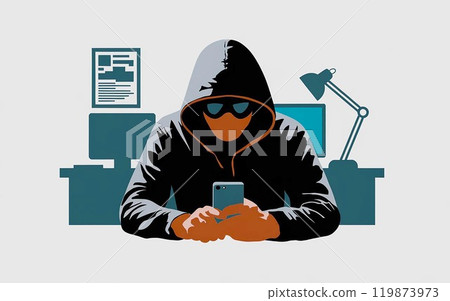Hacker in a hoodie using smartphone and working on computer in a dark environment. 119873973