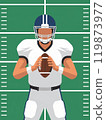 Illustration of a football player in a white uniform standing on a green field, ready to throw a football. 119873977
