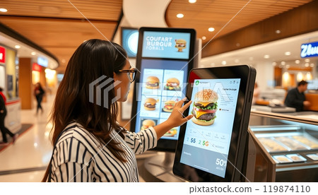 Ordering a burger from a digital kiosk Ordering a burger from a digital kiosk 119874110