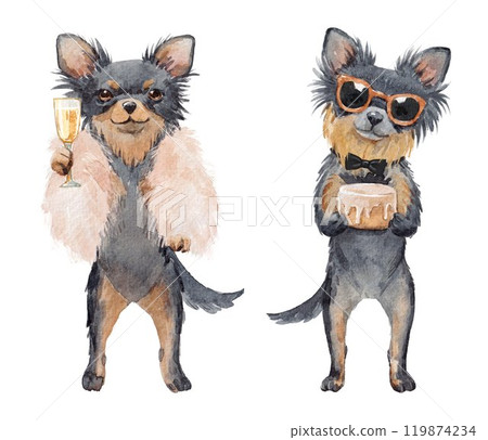 Beautiful set with two cute hand drawn dog illustrations. Party dogs. Beautiful set with two cute hand drawn dog illustrations. Party dogs. 119874234