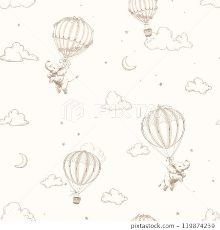 Seamless pattern with cute baby elephant flying in a hot air balloon in toile de jouy retro style. Vintage line art background. 119874239