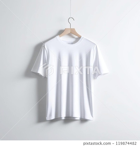 Plain white t-shirt hanging on a wooden hanger against a light background. Plain white t-shirt hanging on a wooden hanger against a light background. 119874482