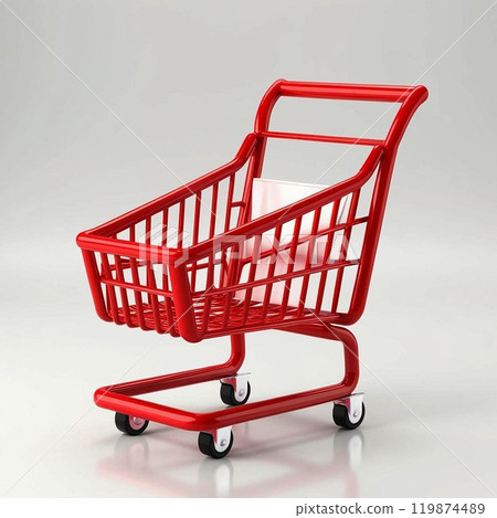 Red shopping cart on a gray background, isolated for attention. 119874489