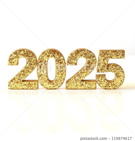 Glittering gold numbers representing the year 2025 on a white isolated background. 119874617