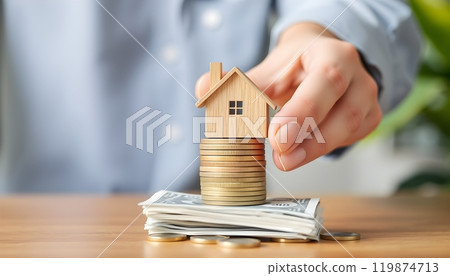 Hand Protecting House on Stack of Coins 119874713