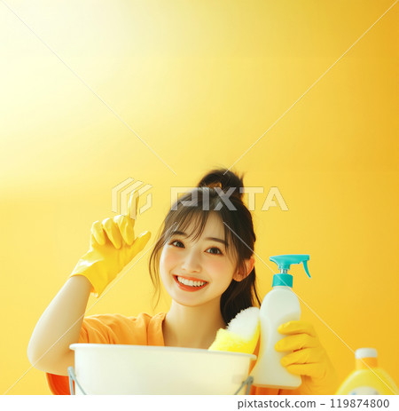 Cleaning tools and a young woman (recommended, pointing, index finger) 119874800