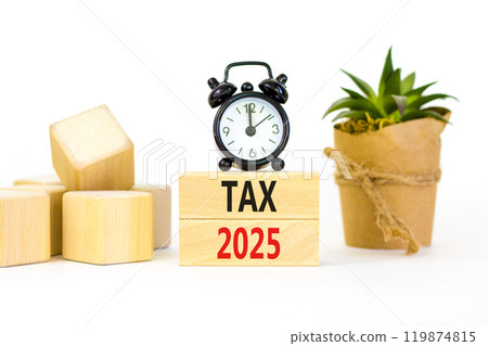 Planning tax 2025 new year symbol. Concept words Tax 2025 on beautiful wooden blocks. Beautiful white background. Black alarm clock. Business tax 2025 new year concept. Copy space. 119874815