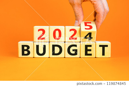 Planning 2025 budget new year symbol. Concept words 2024 Budget to 2025 Budget on beautiful wooden blocks. Beautiful orange table orange background. Business 2025 Budget new year concept. Copy space. 119874845