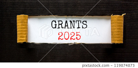 Planning grants 2025 new year symbol. Concept words Grants 2025 on beautiful white paper. Beautiful black paper background. Business grants 2025 new year concept. Copy space. 119874873