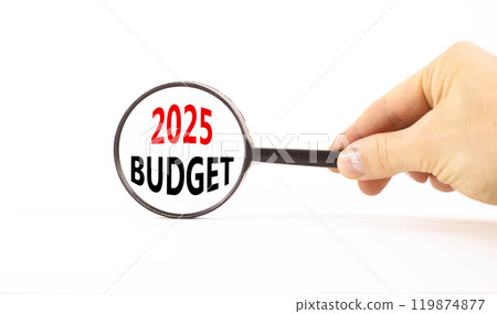 Planning 2025 budget new year symbol. Concept words 2025 Budget on beautiful white paper in magnifying glass. Beautiful white paper background. Business 2025 budget new year concept. Copy space. Planning 2025 budget new year symbol. Concept words 2025 Budget on beautiful white paper in magnifying glass. Beautiful white paper background. Business 2025 budget new year concept. Copy space. 119874877