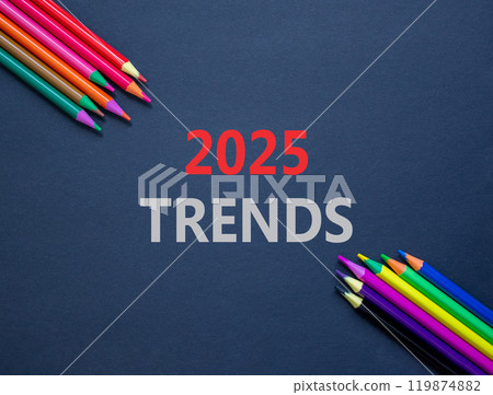 Planning 2025 trends new year symbol. Concept words 2025 Trends on beautiful black paper. Beautiful black paper background. Beautiful colored pencils Business 2025 trends new year concept. Copy space. 119874882