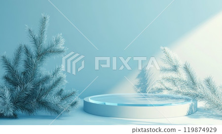 Empty round glass podium with blue fir branches on blue background in sunlight 119874929