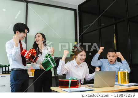 excited businessman feel happy, celebrating together at Merry Christmas and Happy New Year. excited businessman feel happy, celebrating together at Merry Christmas and Happy New Year. 119875259