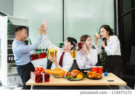 excited businessman feel happy, celebrating together at Merry Christmas and Happy New Year. excited businessman feel happy, celebrating together at Merry Christmas and Happy New Year. 119875272