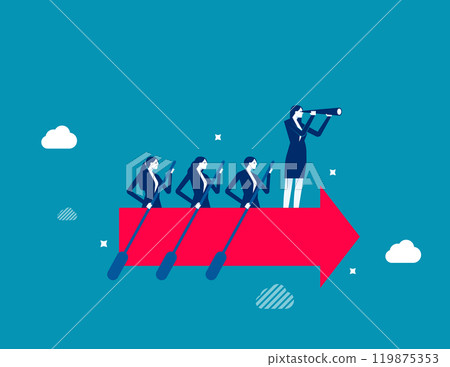 Leadership to lead team to the right direction, employee teamwork to help success, manager to motivate team or company to move forward concept, businessman manager lead people teamwork sailing arrow. Leadership to lead team to the right direction, employee teamwork to help success, manager to motivate team or company to move forward concept, businessman manager lead people teamwork sailing arrow. 119875353