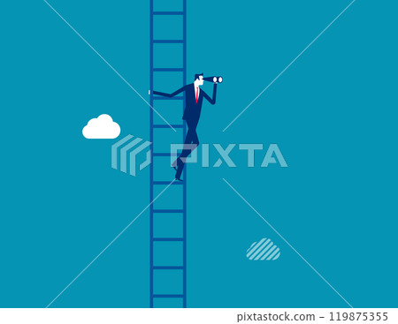 Career opportunity, business success vision or searching for new job, leadership visionary, looking for goal, future or business discovery concept, businesswoman climb up ladder looking on telescope. 119875355