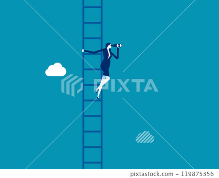 Career opportunity, business success vision or searching for new job, leadership visionary, looking for goal, future or business discovery concept, businesswoman climb up ladder looking on telescope. Career opportunity, business success vision or searching for new job, leadership visionary, looking for goal, future or business discovery concept, businesswoman climb up ladder looking on telescope. 119875356