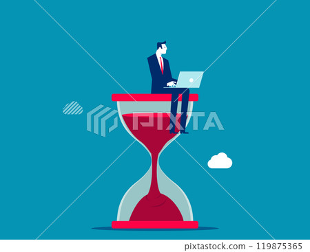 Working with time count down, project deadline or time management, urgent work, productivity or work efficiency concept, businesswoman working with computer laptop on time passing sandglass. 119875365