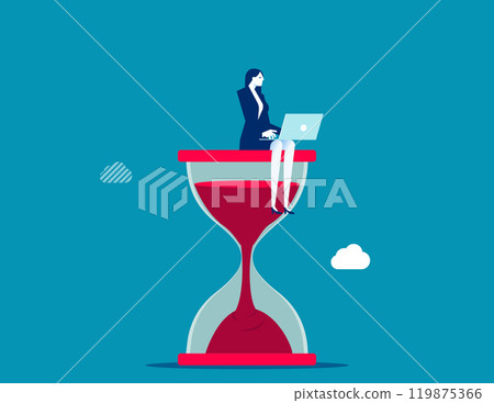 Working with time count down, project deadline or time management, urgent work, productivity or work efficiency concept, businesswoman working with computer laptop on time passing sandglass. 119875366