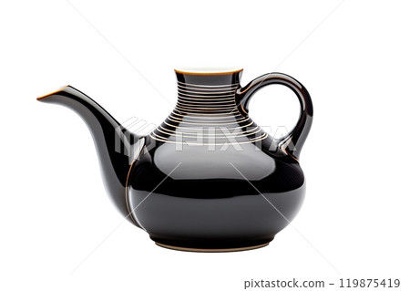 Bottle of soy sauce with a red cap isolated on a white transparent background. Condiment concept. Bottle of soy sauce with a red cap isolated on a white transparent background. Condiment concept. 119875419