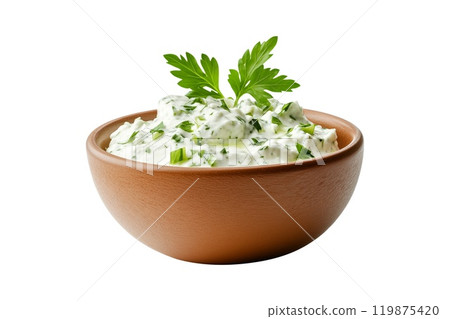 Bowl of tzatziki sauce garnished with dill isolated on a white transparent background. Concept of traditional cuisine 119875420
