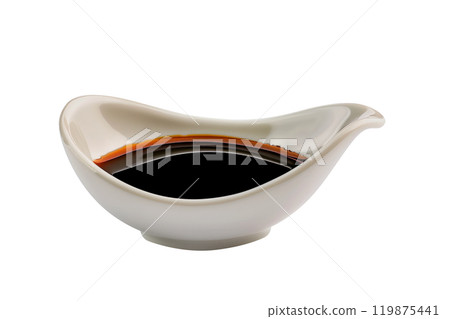Ceramic bowl of soy sauce with a red cap isolated on a white transparent background. Condiment concept. Ceramic bowl of soy sauce with a red cap isolated on a white transparent background. Condiment concept. 119875441