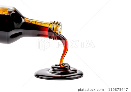 Dark soy sauce poured from bottle isolated on white transparent background. Dark soy sauce poured from bottle isolated on white transparent background. 119875447