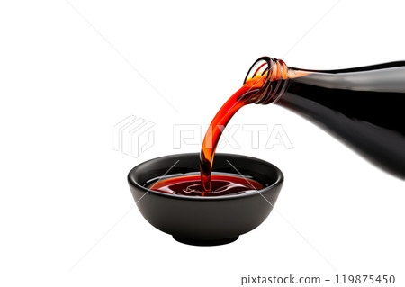 Dark soy sauce poured from bottle isolated on white transparent background. 119875450