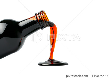 Dark soy sauce poured from bottle isolated on white transparent background. 119875453