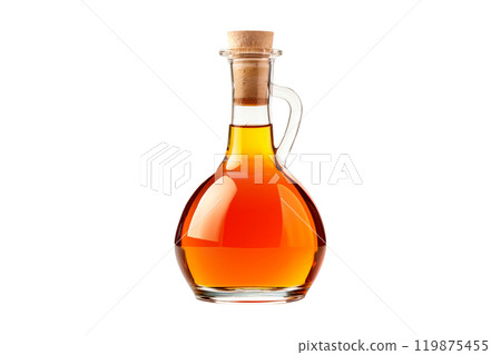 Glass bottle filled with vinegar, featuring a wooden cork and rope isolated on white transparent background. Concept of packaging 119875455