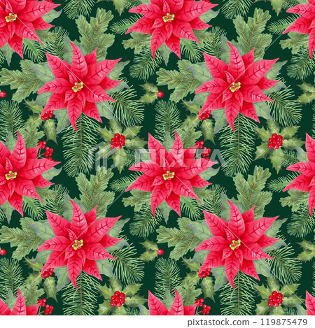 Poinsettia flower, pine branches and holly berries for Christmas. Seamless pattern. Watercolor and marker illustration. Hand drawn isolated art. Botanical winter holiday background for New Year. Poinsettia flower, pine branches and holly berries for Christmas. Seamless pattern. Watercolor and marker illustration. Hand drawn isolated art. Botanical winter holiday background for New Year. 119875479