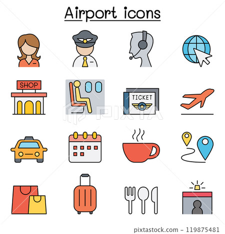Airport & Aviation icon set in thin line style Airport & Aviation icon set in thin line style 119875481
