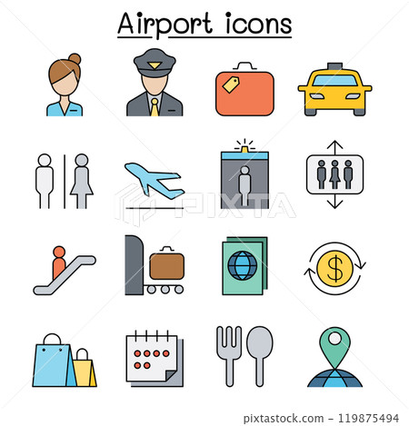 Airport & Aviation icon set in thin line style Airport & Aviation icon set in thin line style 119875494