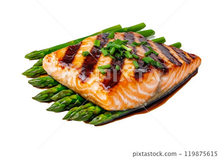Grilled salmon steak with green asparagus and teriyaki sauce isolated on a white transparent background. Concept of healthy eating and gourmet cuisine 119875615
